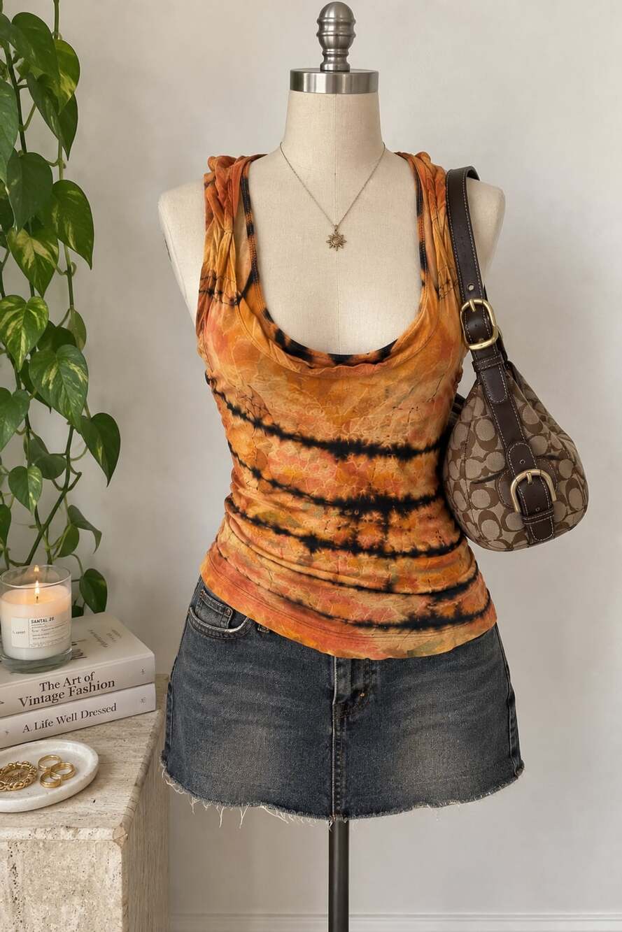 Forever 21 Tie Dye Tank Top Size S Orange Black Boho Y2K Grunge